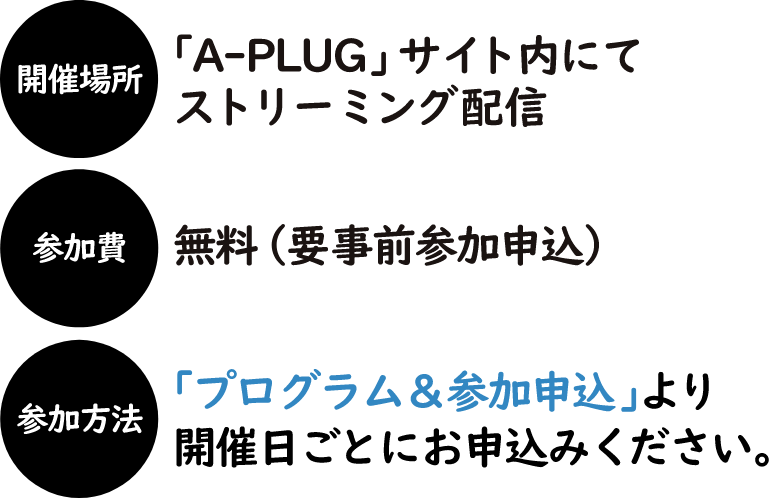 開催場所：「A-PLUG」サイト内にてストリーミング配信　参加費：無料（要事前参加申申込）　参加方法：「プログラム＆参加申込」より開催日ごとにお申込みください。